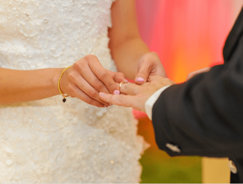 wedding couple putting on their ring